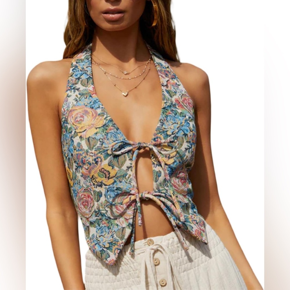 Floral Print Tie Front Vest, Halter Neck, Size Medium